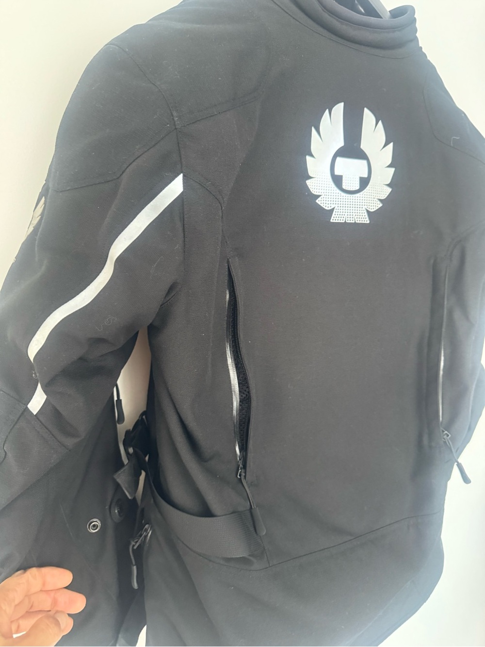 Belstaff Black motorcycle jacket with White Shoulder Accents